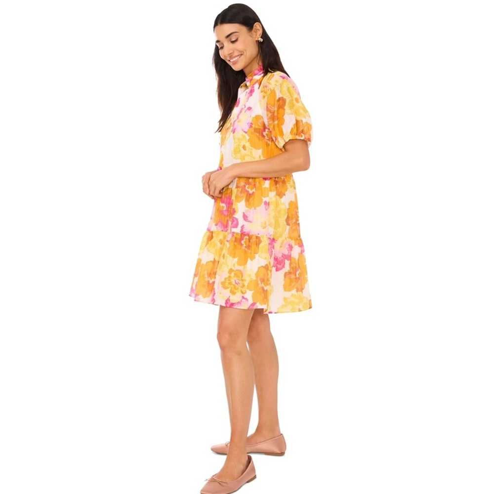 Cece V Neck Relaxed Short Sleeve Floral Print Tiered Babydoll Dress Size Small